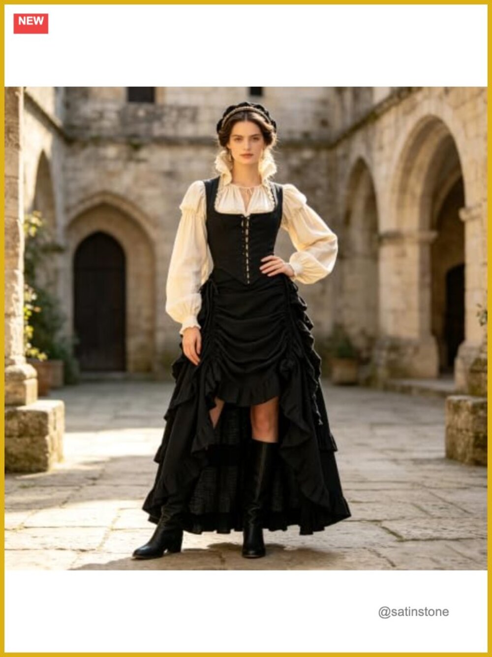 Gothic Steampunk High Low Ruffle Skirt Drawstring Renaissance Pirate - Picture 2 of 5